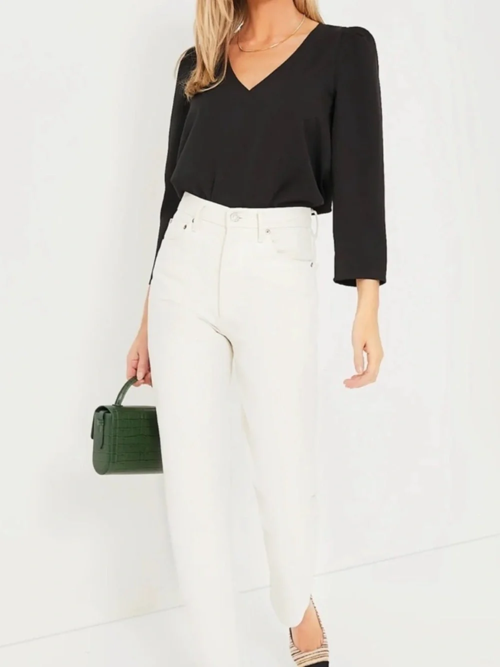 Tuckernuck Tetley Top Women's XS Black V Neck Puff Shoulder Blouse